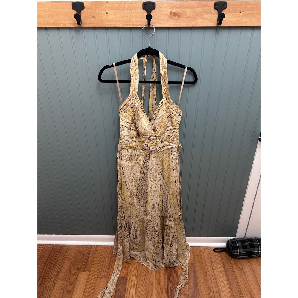 BCBGMAXAZRIA Yellow Paisley Silk Halter‎ Midi Dress Metallic Gold Size 6